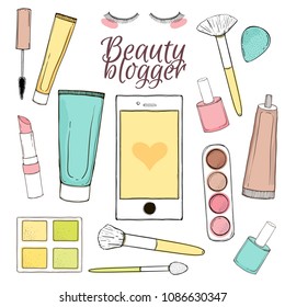 Vector illustration of Hand drawn beauty blogger. Isolated objects on white background. Illustration.