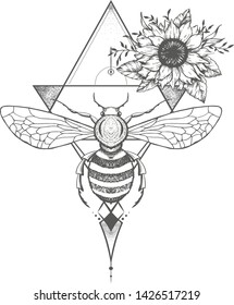 Vector illustration with hand drawn bee and Sacred geometric symbol on white background. Abstract mystic sign. Black linear shape. For you design: tattoo, print, posters, t-shirts, textiles.