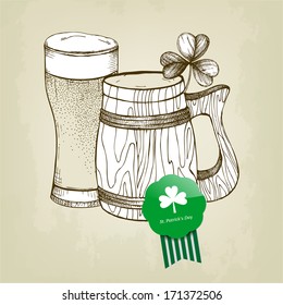 Vector illustration with hand drawn beer mug and glass  for St. Patrick's day on aged background.