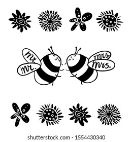 Vector illustration with hand drawn bees with words Mr. and Mrs. on its wings. Collection of flowers. Black outline drawings isolated on white background. Design for card, poster, cup,mug,cover,towels