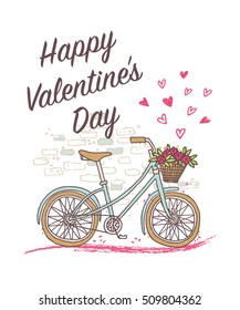 Vector illustration of a hand drawn bicycle. Happy Valentine's day card.