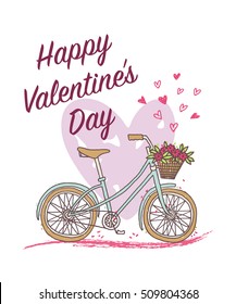 Vector illustration of a hand drawn bicycle. Happy Valentine's day card.