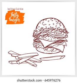 Vector illustration of hand drawn big tasty burger.