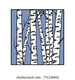 Vector illustration of hand drawn birch tree trunks. Ink drawing, graphic style. Beautiful floral design elements.