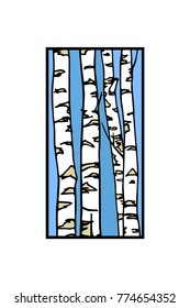 Vector illustration of hand drawn birch tree trunks. Ink drawing, graphic style. Beautiful floral design elements.