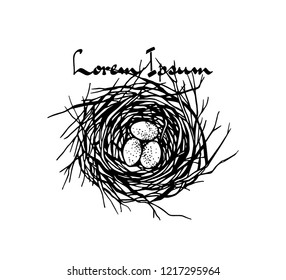 Vector illustration of hand drawn bird nest. Ink drawing, graphic style. Beautiful design elements