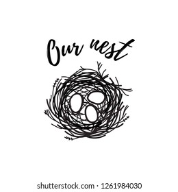 Vector illustration of hand drawn bird nest with eggs and lettering. Line style graphic illustration.