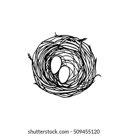 Vector illustration of hand drawn bird nest with eggs. Graphic style, beautiful illustration