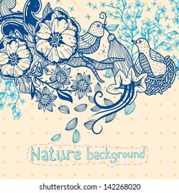 vector illustration of hand drawn birds and flowers