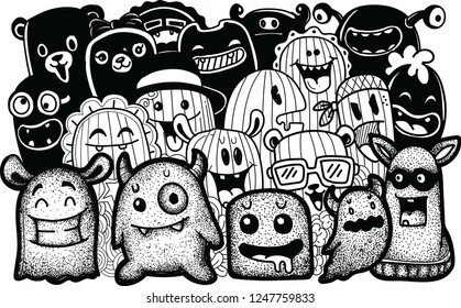 Vector illustration Hand drawn of black dots cute doodle monster party