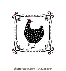 Vector illustration of hand drawn black speckled hen in vintage frame. Beautiful ink drawing. Perfect elements for food or farming design.