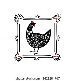 Vector illustration of hand drawn black speckled hen in vintage frame. Beautiful ink drawing. Perfect elements for food or farming design.