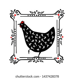 Vector illustration of hand drawn black speckled hen in vintage frame. Beautiful ink drawing. Perfect elements for food or farming design.