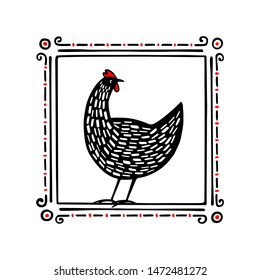 Vector illustration of hand drawn black speckled hen in vintage frame. Beautiful ink drawing. Perfect elements for food or farming design.