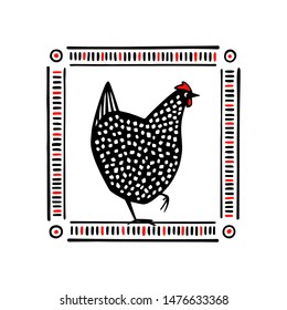 Vector illustration of hand drawn black speckled hen in vintage frame. Beautiful ink drawing. Perfect elements for food or farming design.