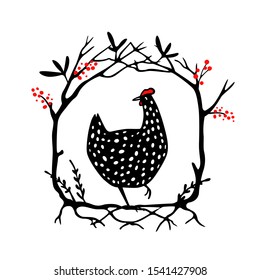 Vector illustration of hand drawn black speckled hen in floral wreath. Beautiful ink drawing. Perfect elements for food or farming design.