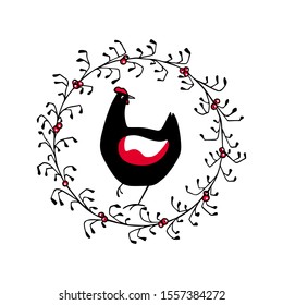 Vector illustration of hand drawn black chicken in floral wreath. Beautiful ink drawing, abstract design elements. Perfect elements for food or farming design.