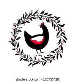 Vector illustration of hand drawn black chicken in floral wreath. Beautiful ink drawing, abstract design elements. Perfect elements for food or farming design.
