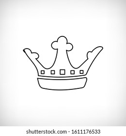 Vector illustration. Hand drawn black line crown icon on the vignette background. Isolated image of crown. Beauty and fashion shopping concept. 
