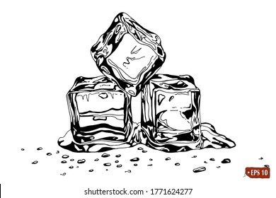 Vector illustration hand drawn black sketch ice cube on the white background. Three ice cubes lie in a heap.