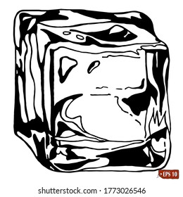 Ilustración vectorial cubo de hielo de sketch negro dibujado a mano sobre el fondo blanco.