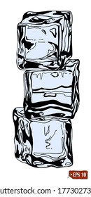 Vektorgrafik, handgezeichnet, schwarzer Skizze-Eiswürfel auf weißem Hintergrund. Drei Eiswürfel liegen in einem Haufen.