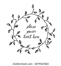 Vector illustration of hand drawn black floral wreath. Ink drawing, wild nature elements, graphic style. Beautiful wedding or greetings design element