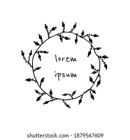 Vektorgrafik des handgezeichneten schwarzen Blumenkranzes. Tintenzeichnung, wilde Naturelemente, Grafikstil. Schönes Design für Hochzeit oder Grüße