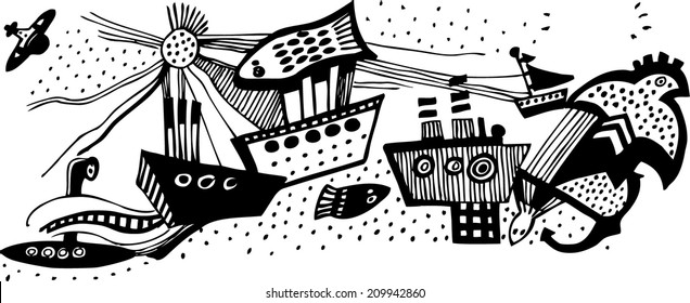 Vector illustration with hand drawn black and white ships. Sea fight