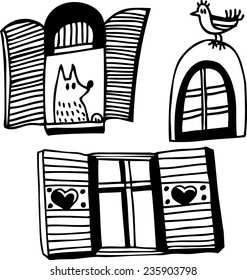 Vector illustration with hand drawn black and white windows.Isolated
