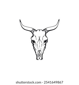 Vector illustration of hand drawn black and white bull skull with horns. American Gothic. Esoteric symbol. Dead animal head. Isolated element in engraved for thematic design. Wild West.