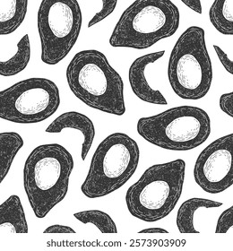 Vector illustration with hand drawn black and white avocados seamless pattern isolated on white background. Vegetarian food illustration template for poster print, card, menu, textile