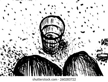 Vector illustration of hand drawn black & white image. Cup, can, trash, concrete.