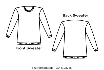 Vector illustration of hand drawn black ink outline warm clothing long sleeve sweater, front and back