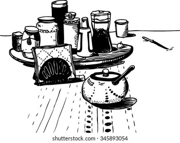 Vector illustration. Hand drawn black and white kitchen still life. Ink sketch.