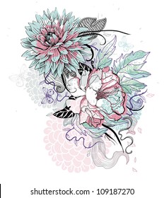vector illustration of hand drawn blooming flowers