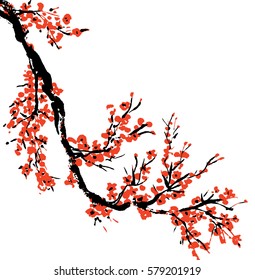 a vector illustration; hand drawn blooming sakura; ink painting; black and red; a traditional oriental postcard; isolated on white background; cherry tree branch; 