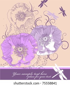 vector illustration of hand drawn blooming poppies and flying dragonflies