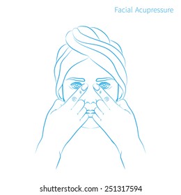 Vector illustration: hand drawn blue scheme facial acupressure massage for eyes