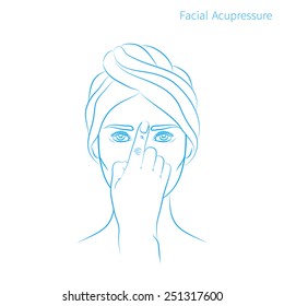 Vector illustration: hand drawn blue scheme facial acupressure massage