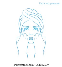 Vector illustration: hand drawn blue scheme facial acupressure massage for eyes