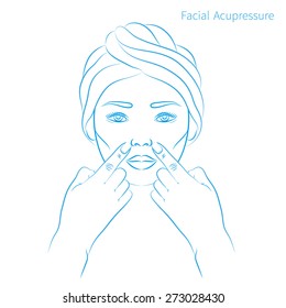 Vector illustration: hand drawn blue scheme facial massage for nosolabial folds  demonstrated on asian woman