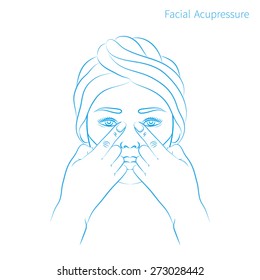 Vector illustration: hand drawn blue scheme facial massage for eyes  demonstrated on asian woman