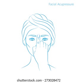 Vector illustration: hand drawn blue scheme facial acupressure massage demonstrated on asian woman