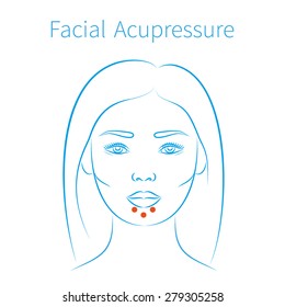 Vector illustration: hand drawn blue scheme facial acupressure massage for chin and lips demonstrated on beautiful asian woman