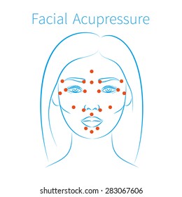 Vector illustration:  hand drawn blue scheme facial acupressure massage for all face parts demonstrated on beautiful asian woman