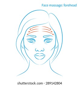 Vector illustration: hand drawn blue scheme face massage demonstrated on beautiful afro american woman