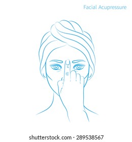 Vector illustration: hand drawn blue scheme facial acupressure massage demonstrated on beautiful Afro American woman
