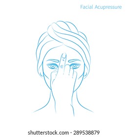 Vector illustration: hand drawn blue scheme facial acupressure massage demonstrated on beautiful Afro American woman