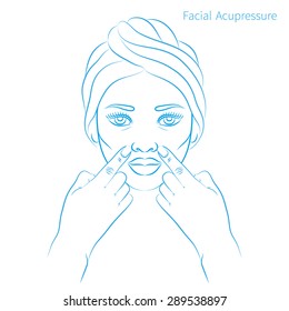 Vector illustration: hand drawn blue scheme facial acupressure massage demonstrated on beautiful Afro American woman